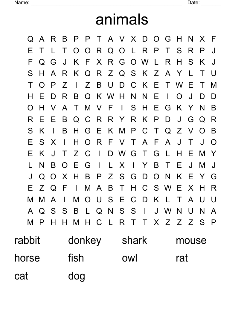 animals  Word Search