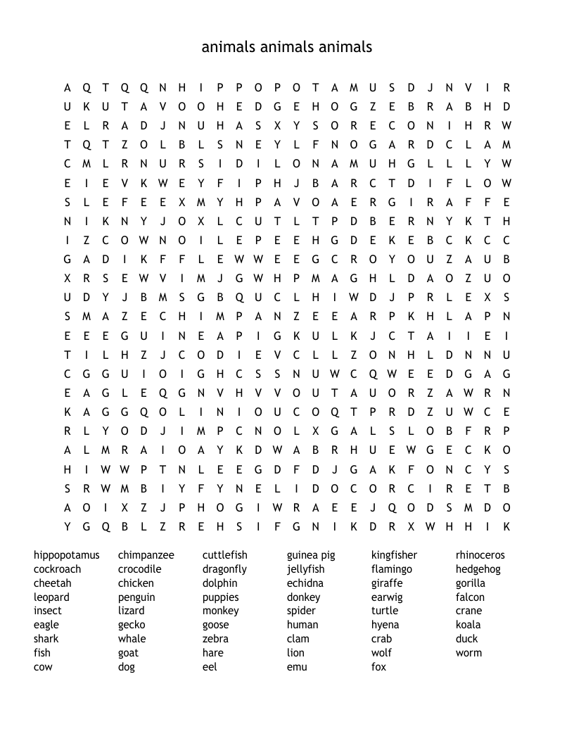 animals                                   animals                           animals Word Search
