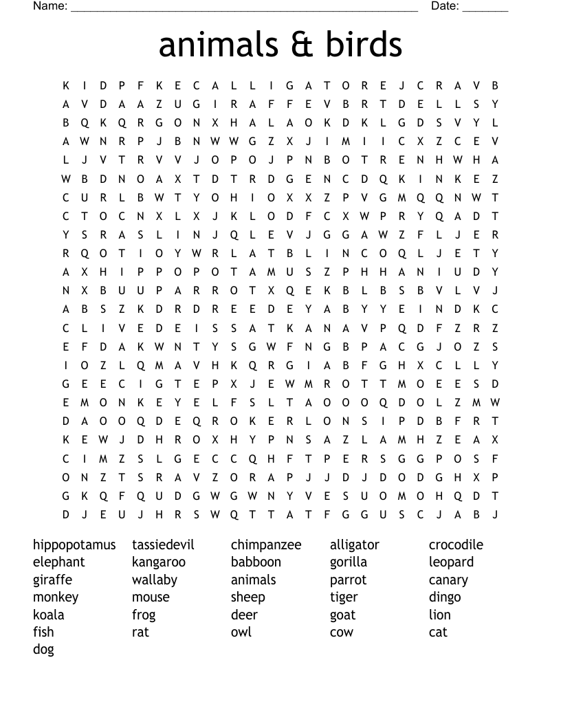 animals & birds Word Search
