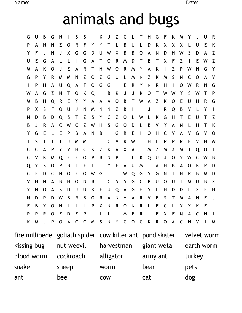 animals and bugs Word Search