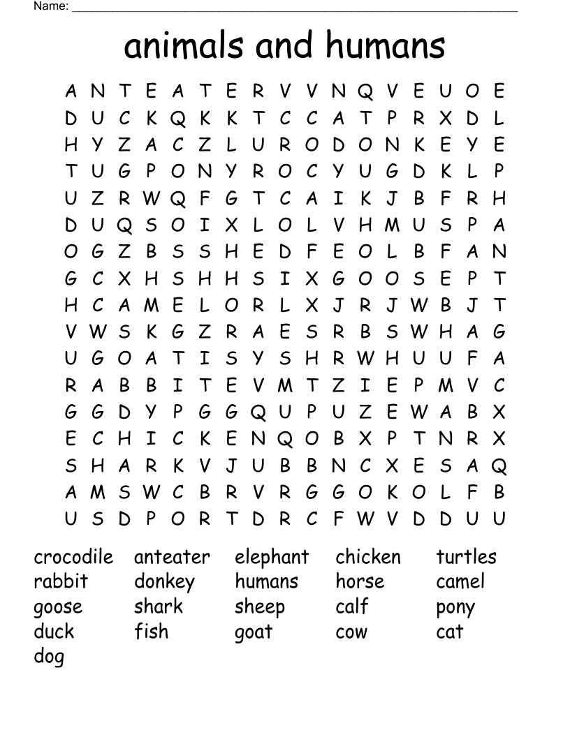 animals and humans Word Search