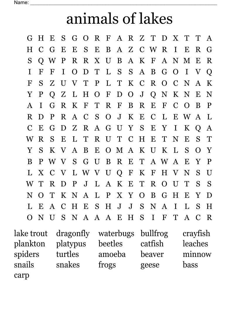 animals of lakes Word Search