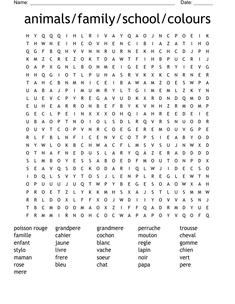 animals/family/school/colours Word Search