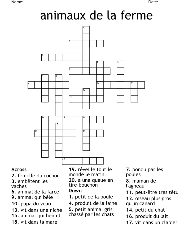 animaux de la ferme Crossword