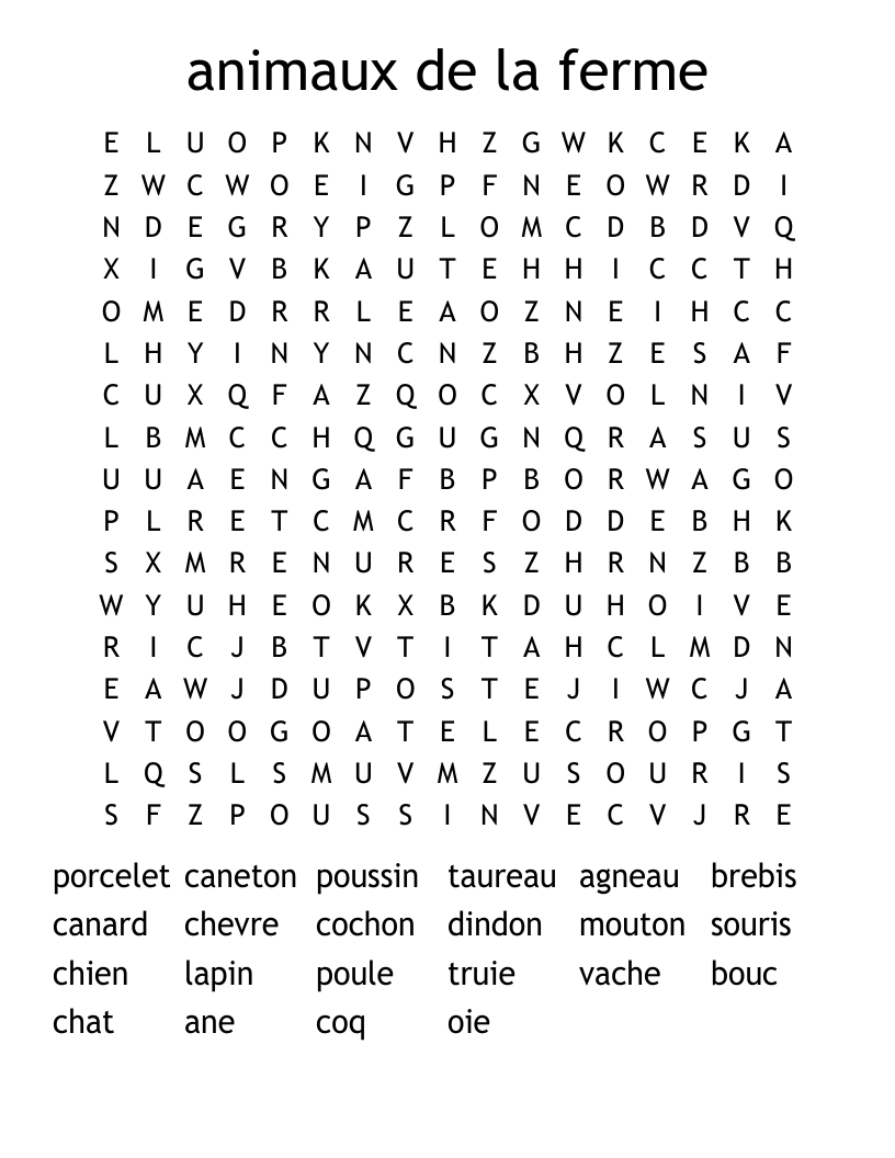 animaux de la ferme Word Search