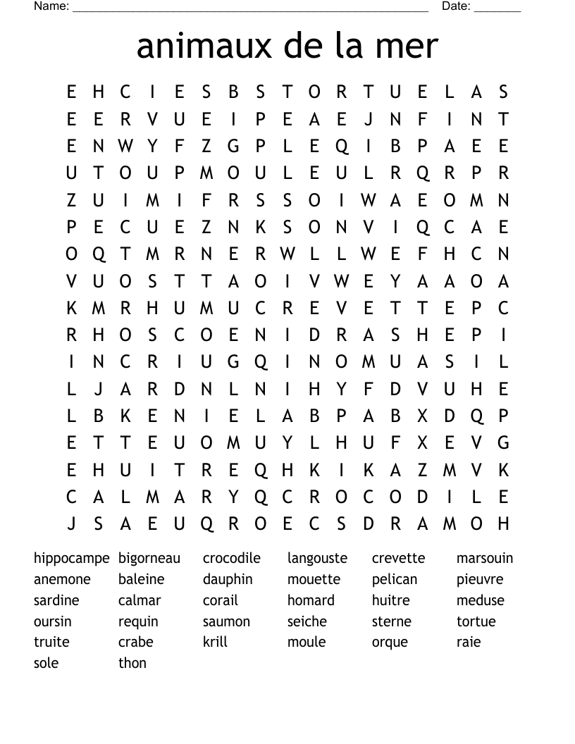 animaux de la mer Word Search