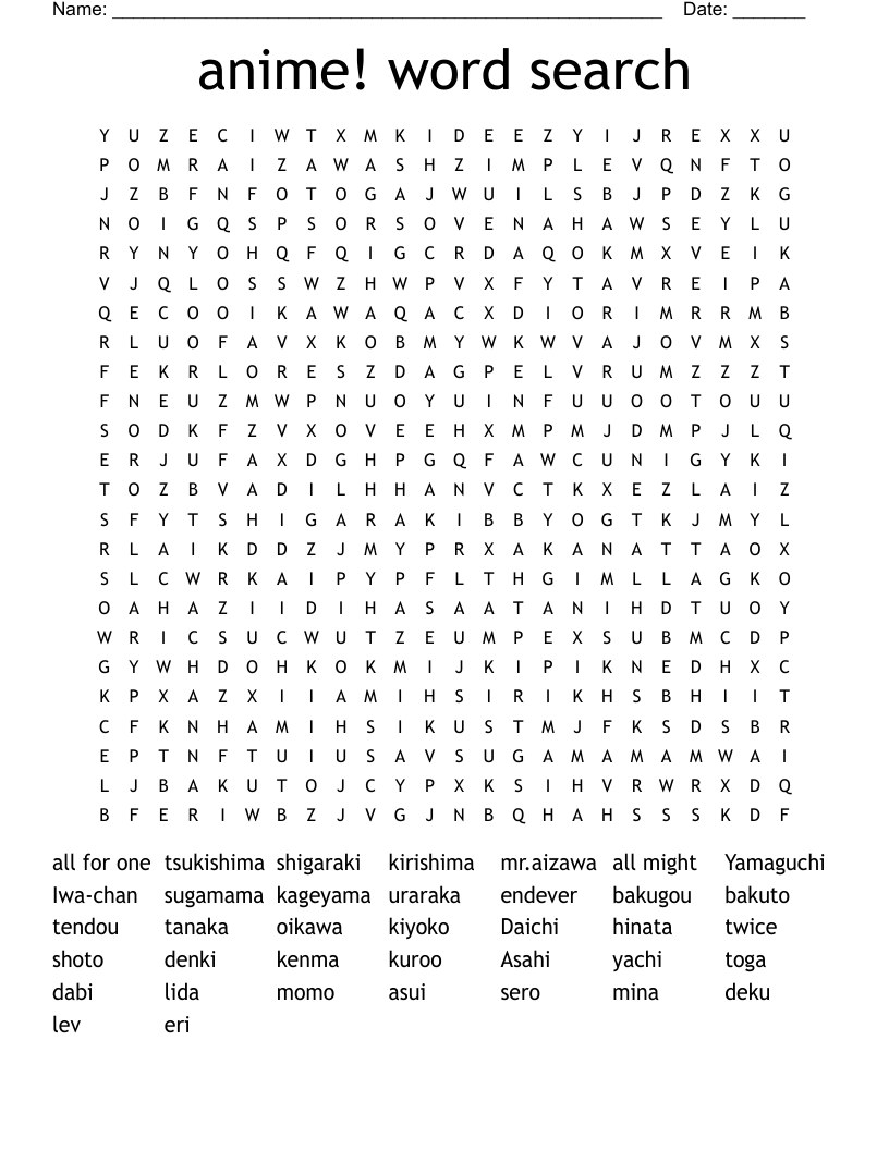 anime! word search