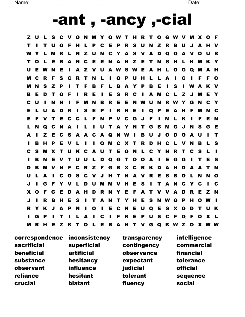 -ant , -ancy ,-cial  Word Search