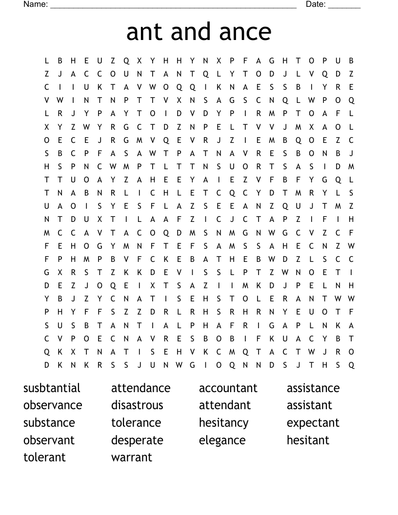 ant and ance Word Search