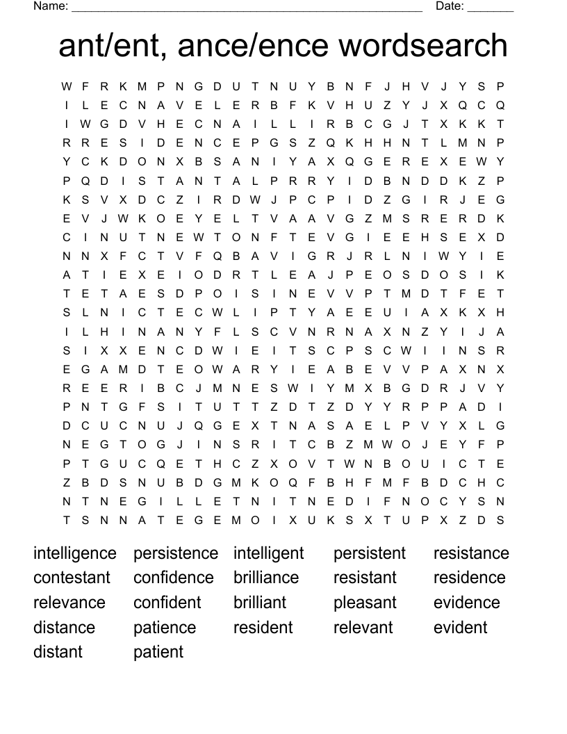 ant/ent, ance/ence wordsearch