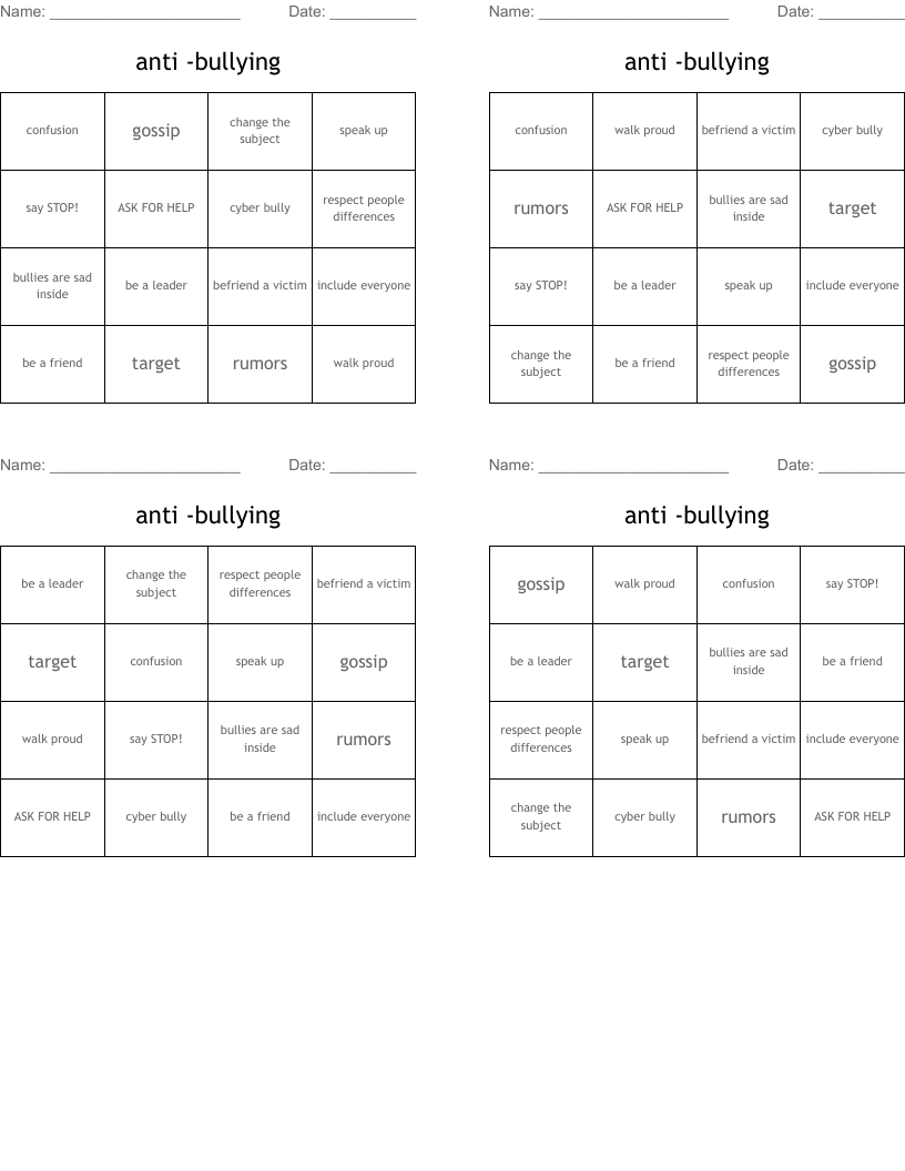 anti -bullying Bingo Cards