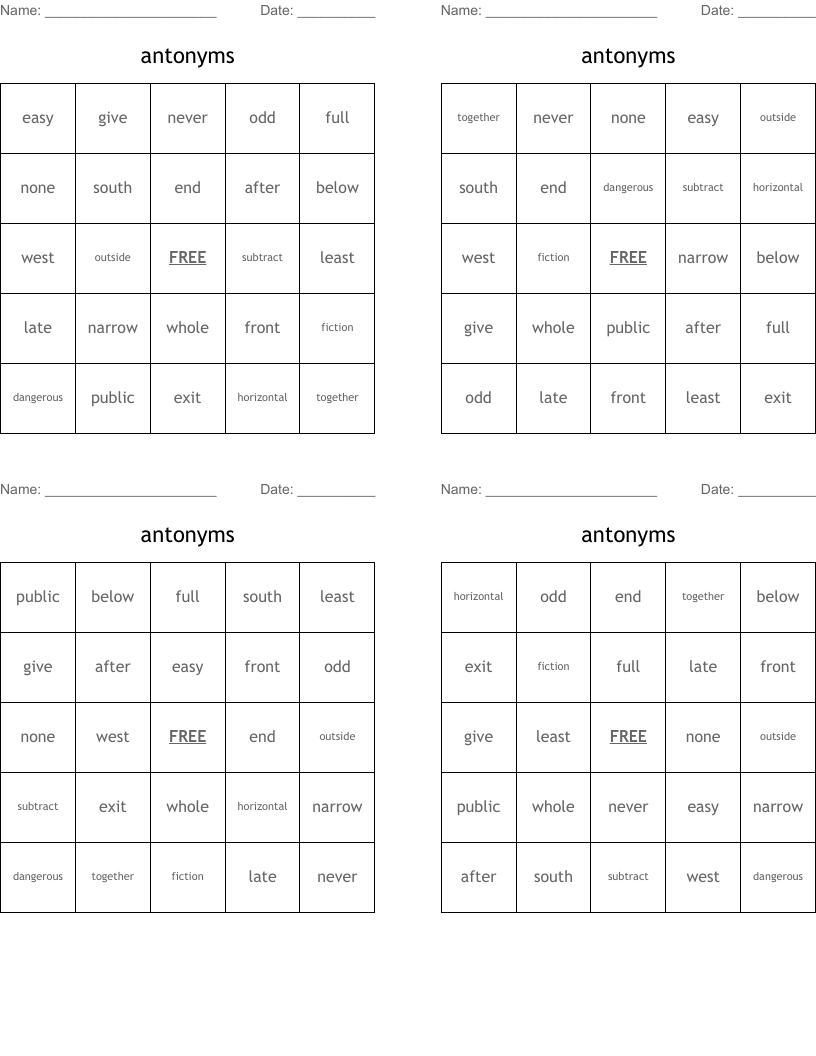 antonyms Bingo Cards