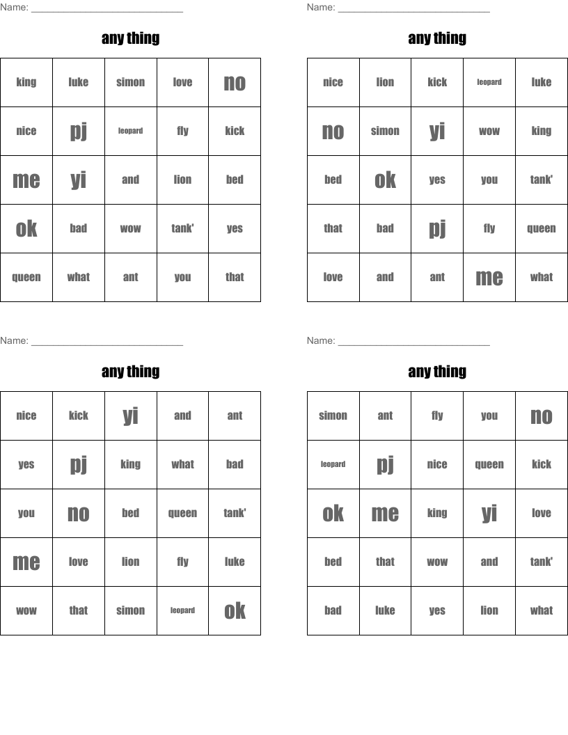 any thing Bingo Cards