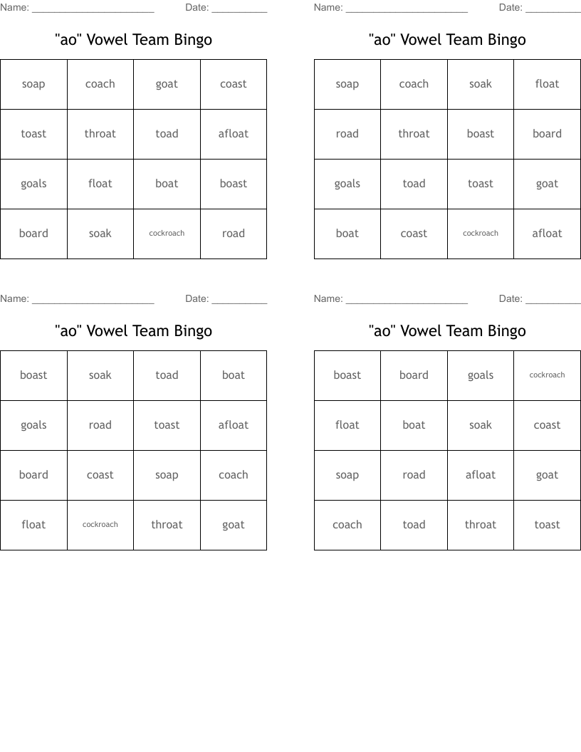 "ao" Vowel Team Bingo