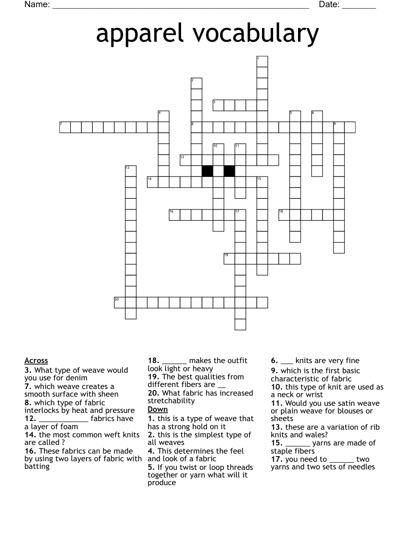 apparel vocabulary Crossword