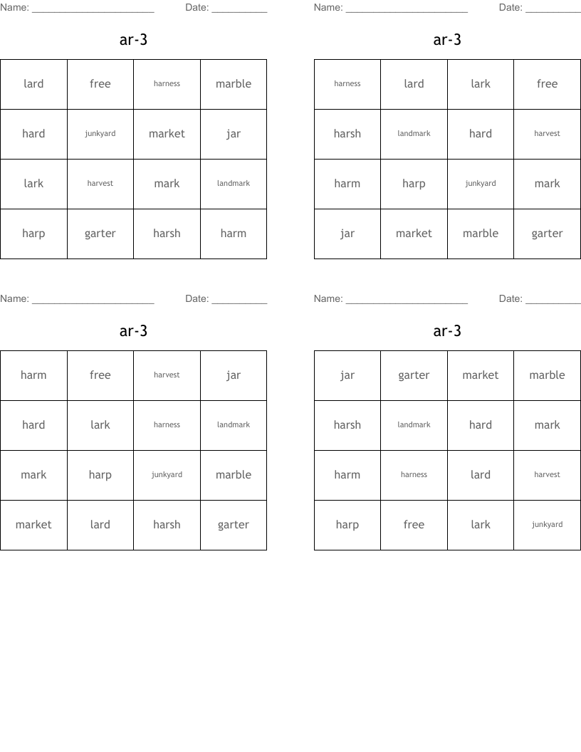ar-3 Bingo Cards