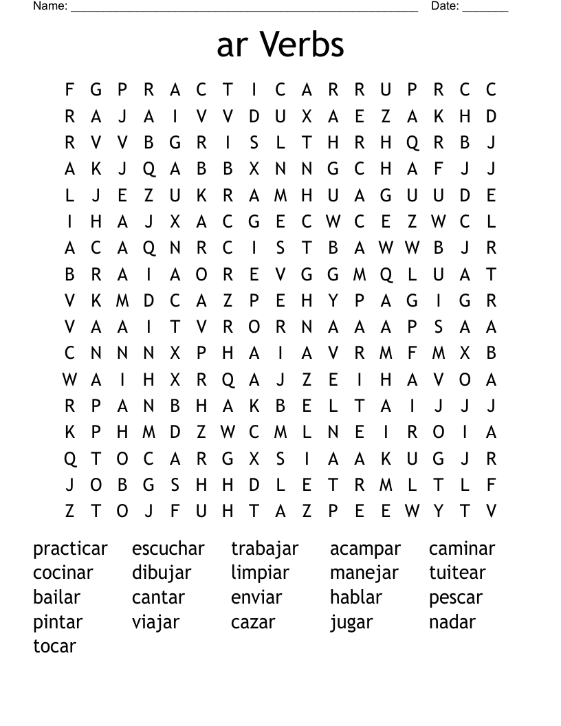 ar Verbs Word Search