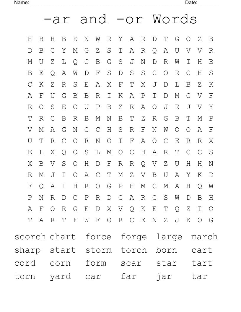 -ar and -or Words Word Search