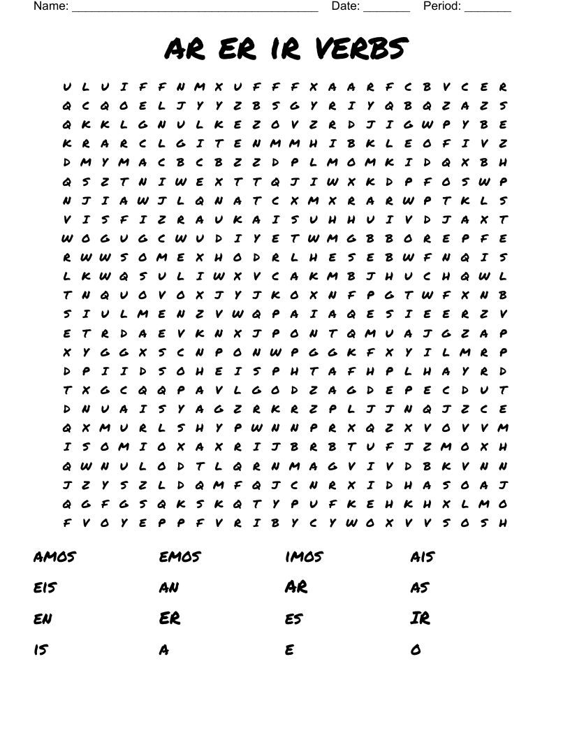 ar er ir  verbs Word Search