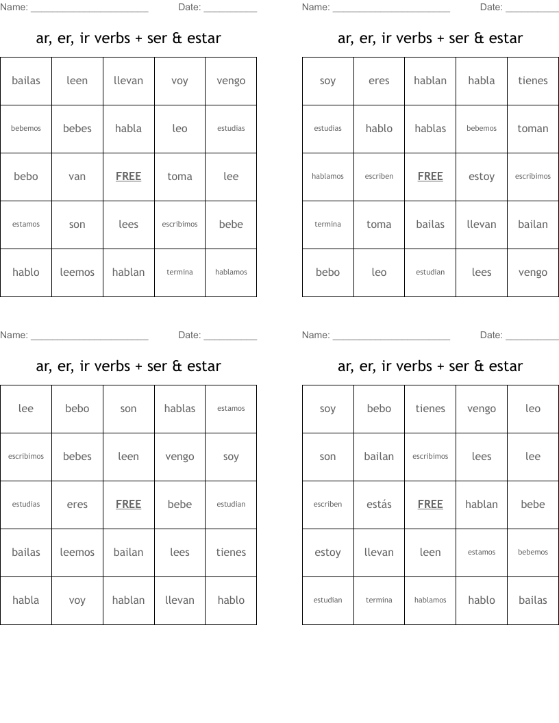 ar, er, ir verbs + ser & estar Bingo Cards
