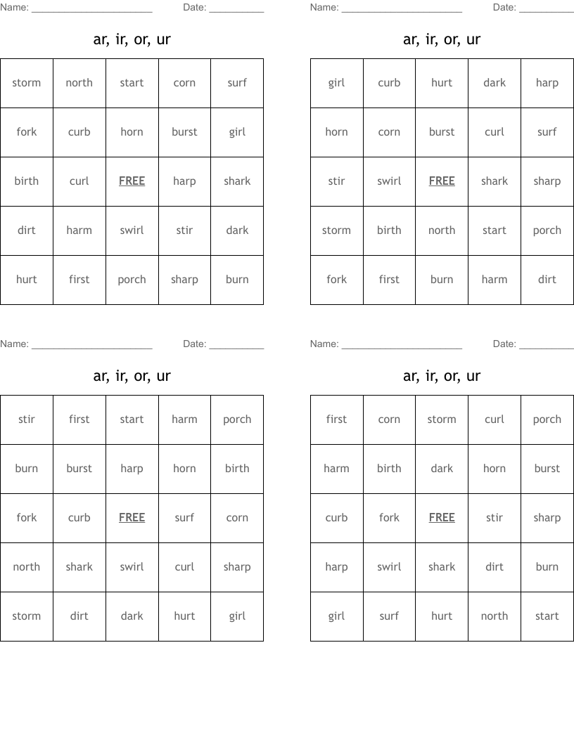 ar, ir, or, ur Bingo Cards