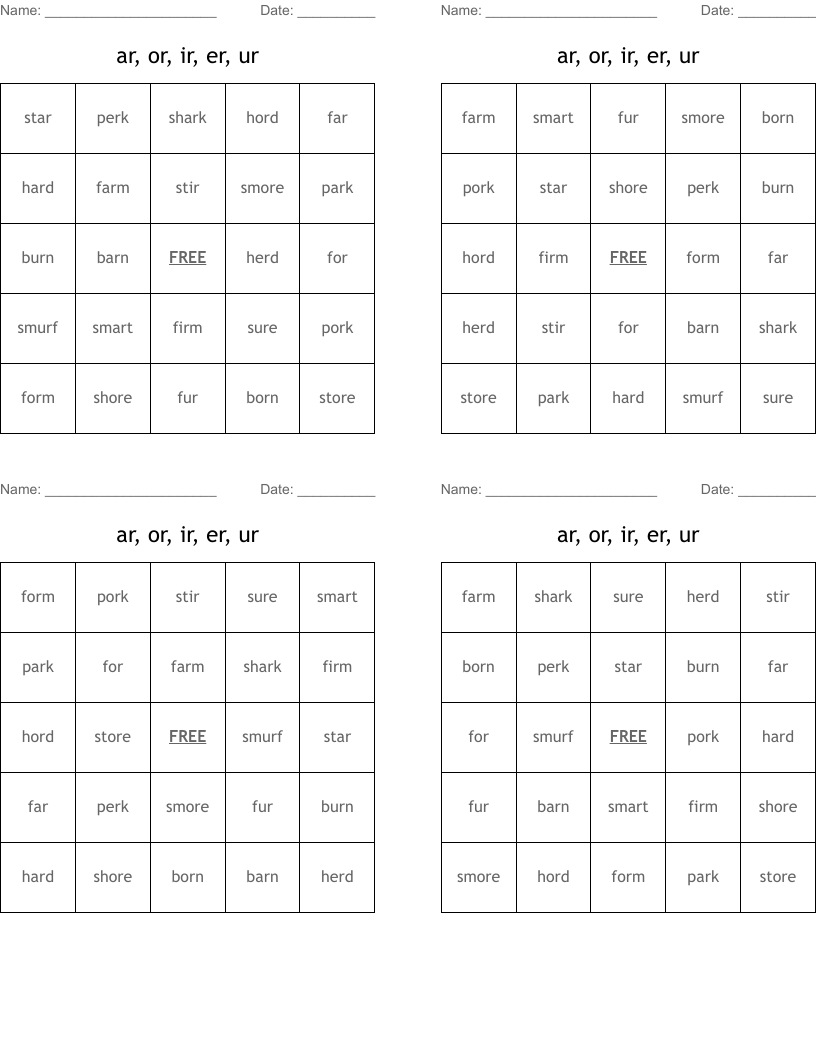 ar, or, ir, er, ur Bingo Cards
