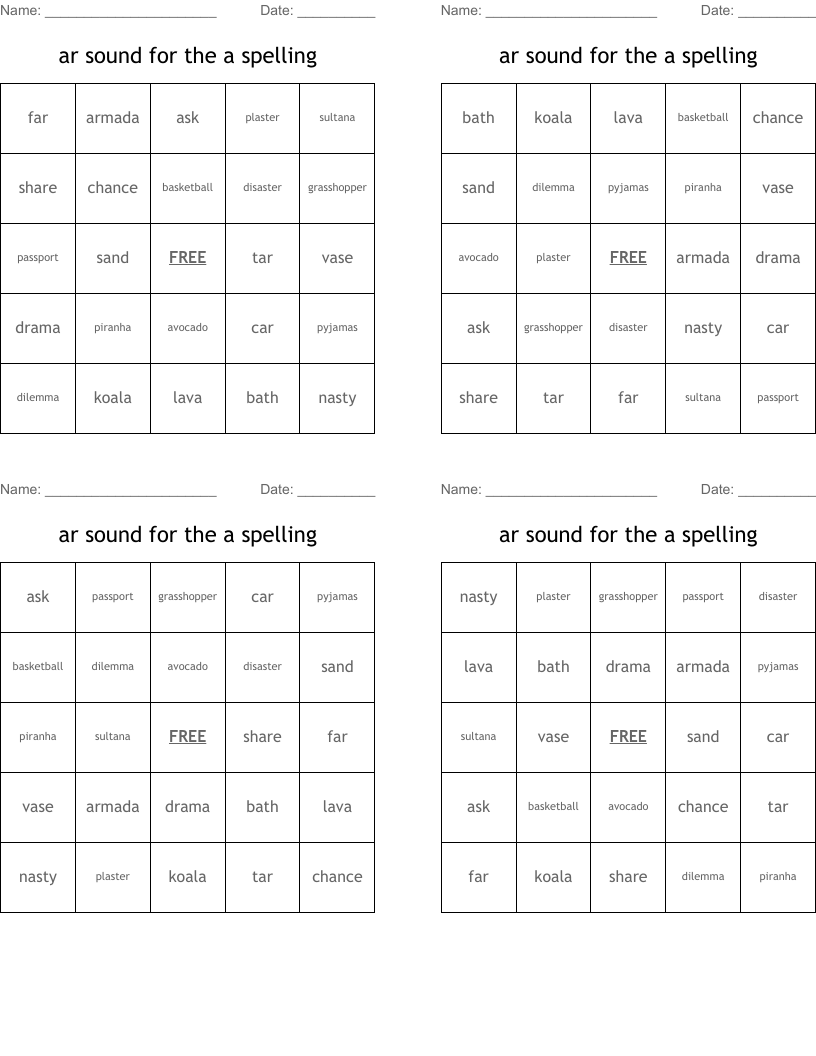 ar sound for the a spelling Bingo Cards
