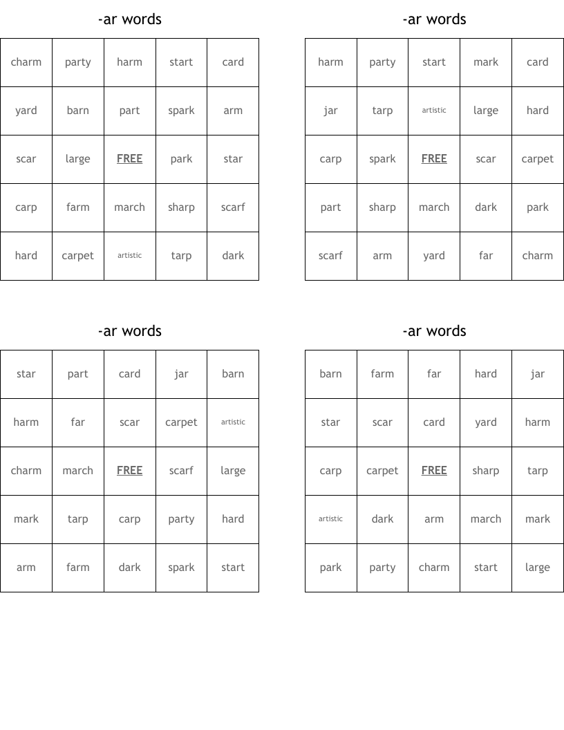 -ar words Bingo Cards