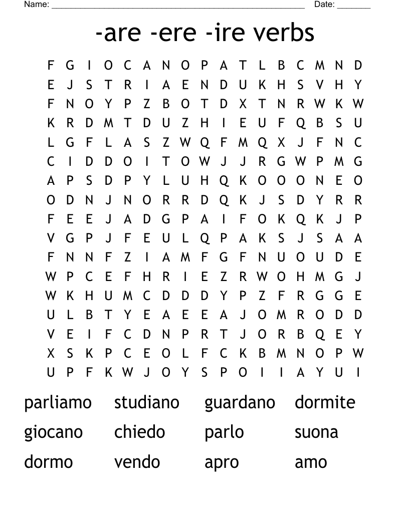 -are -ere -ire verbs Word Search