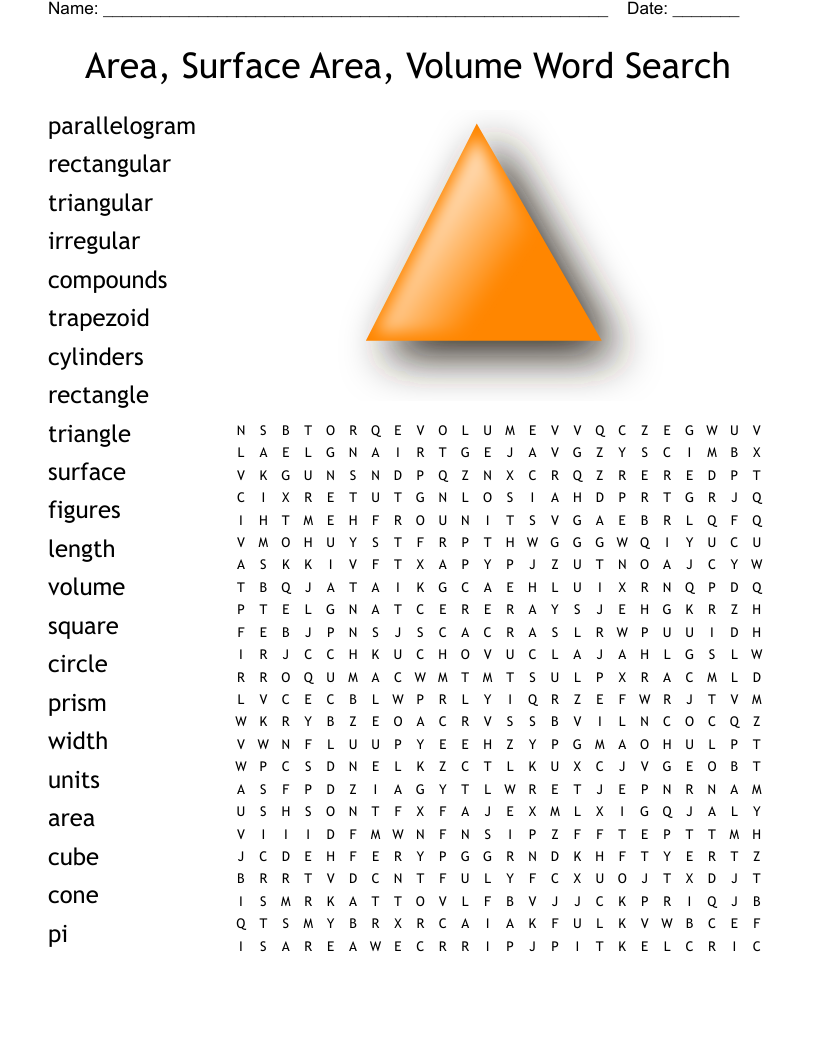 Area, Surface Area, Volume Word Search