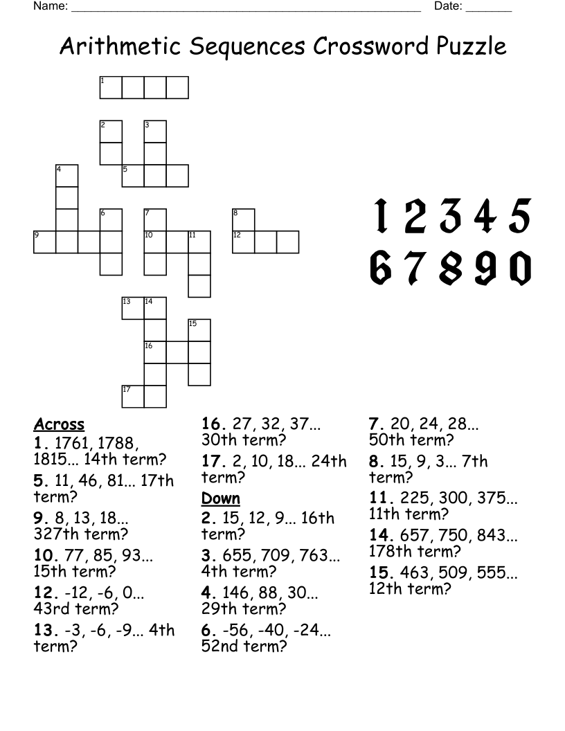 Arithmetic Sequences Crossword Puzzle