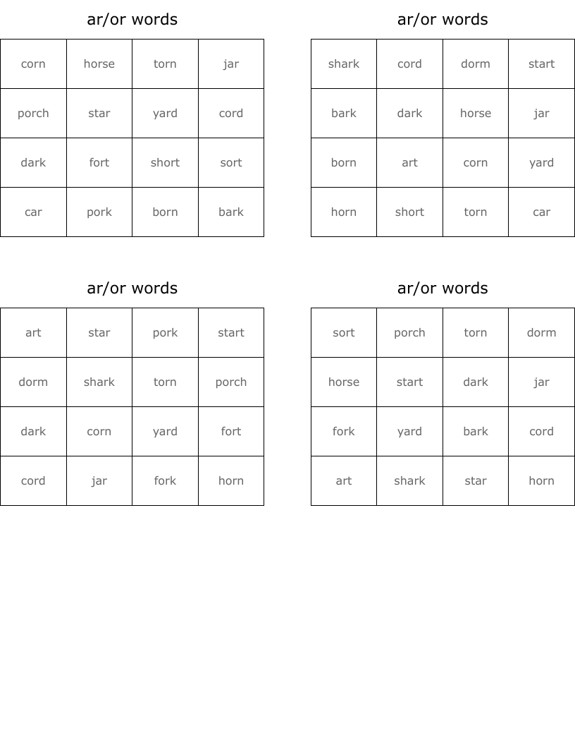 ar/or words Bingo Cards