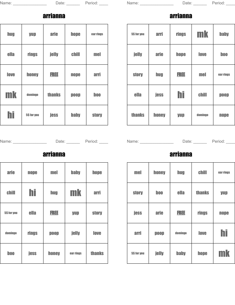 arrianna Bingo Cards