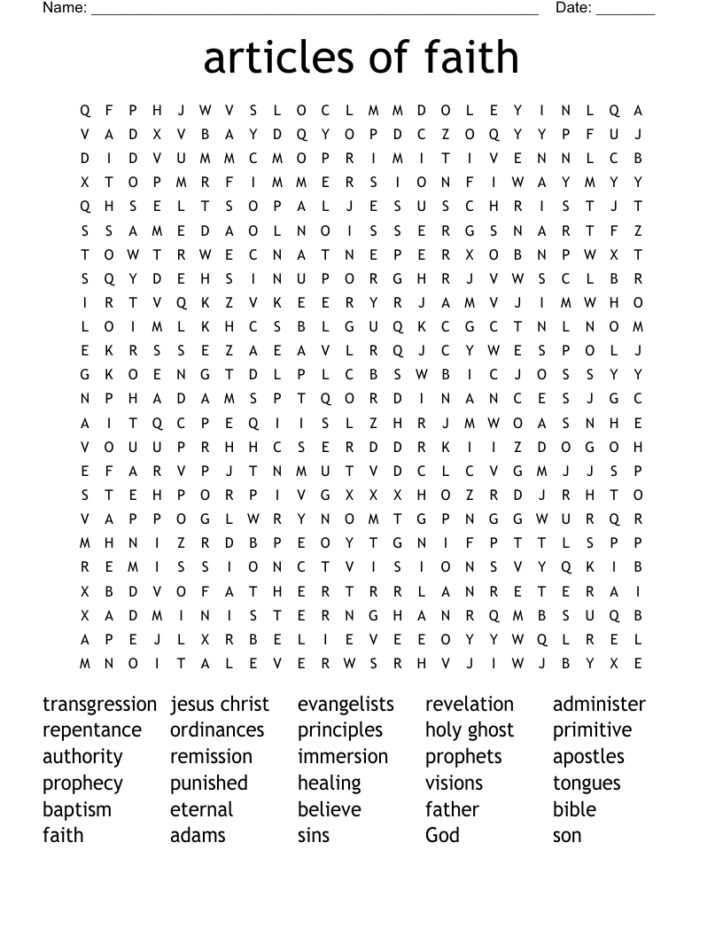 articles of faith Word Search