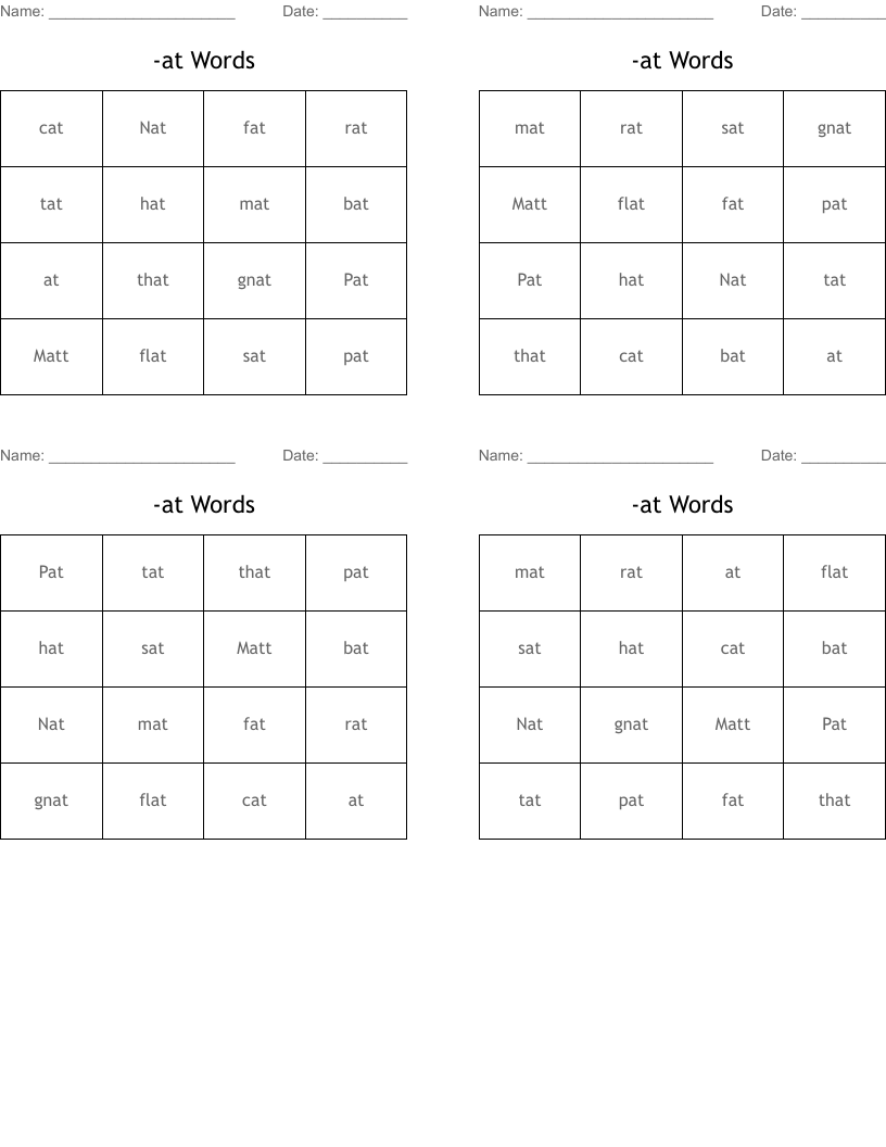 -at Words Bingo Cards