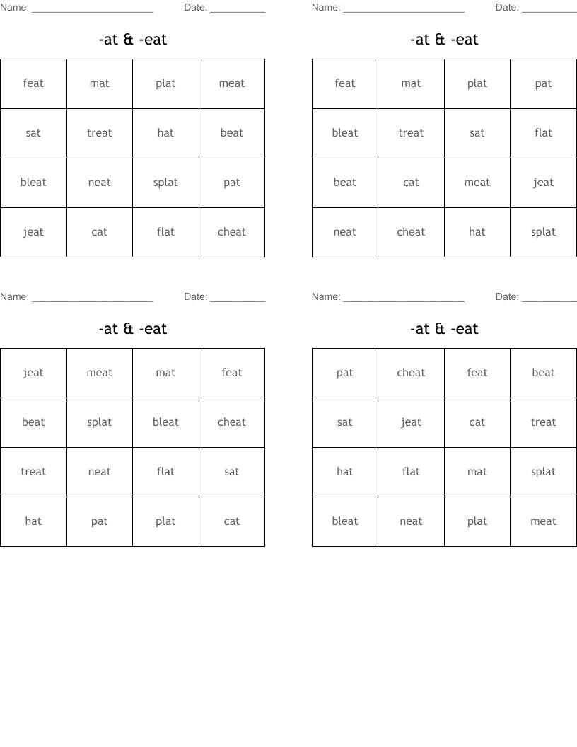 -at & -eat Bingo Cards