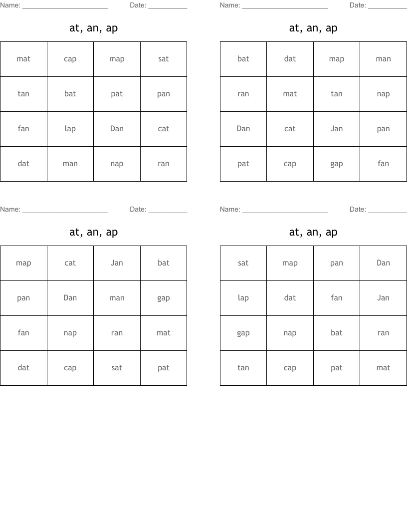 at, an, ap Bingo Cards