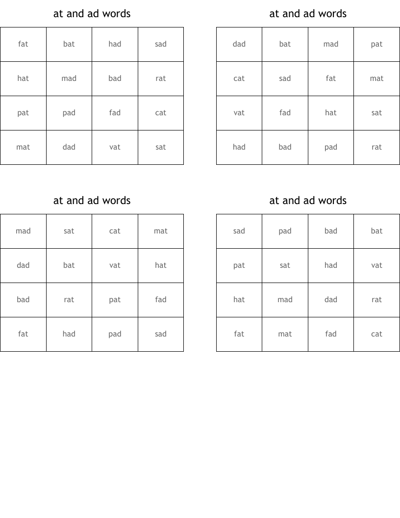 at and ad words Bingo Cards