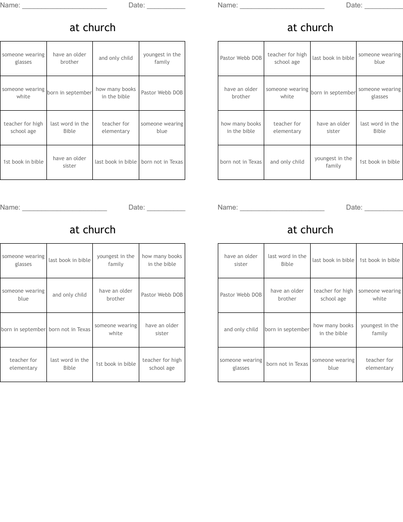 at church Bingo Cards