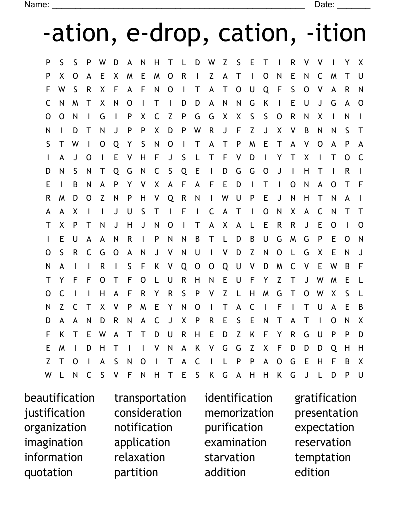 -ation, e-drop, cation, -ition Word Search