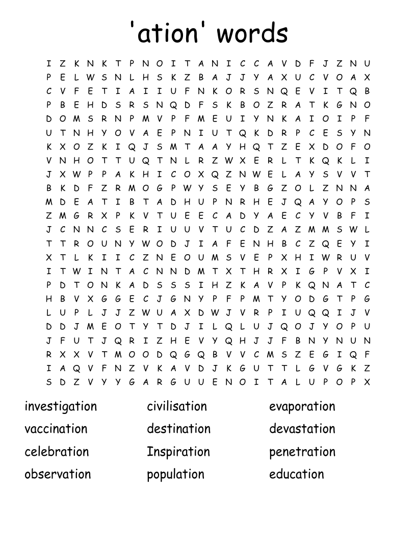 'ation' words Word Search