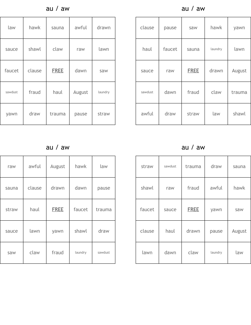 au / aw Bingo Cards