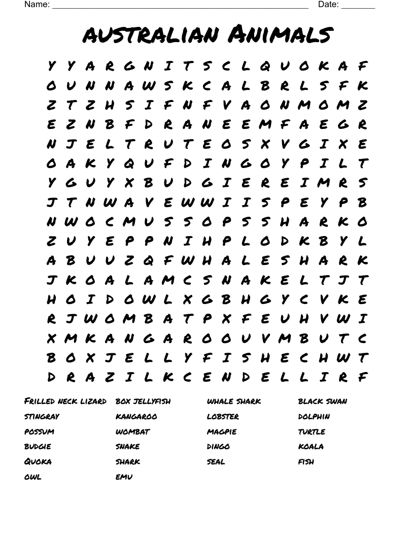 australian Animals Word Search