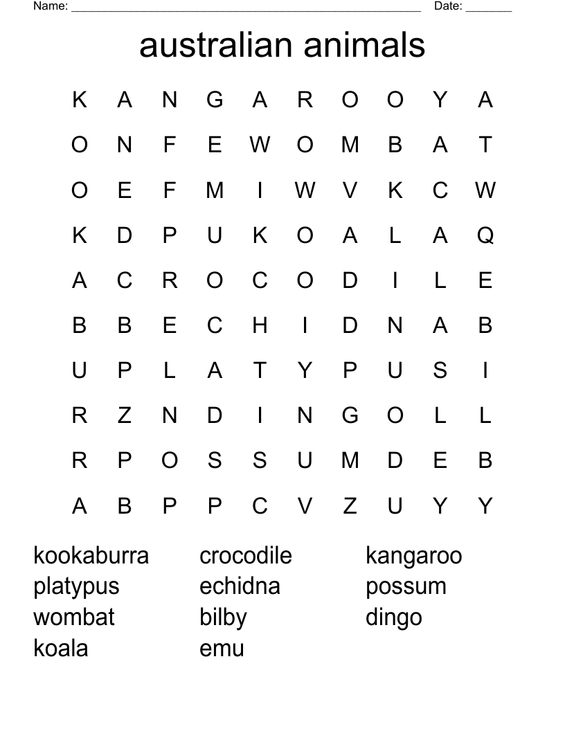 australian animals Word Search