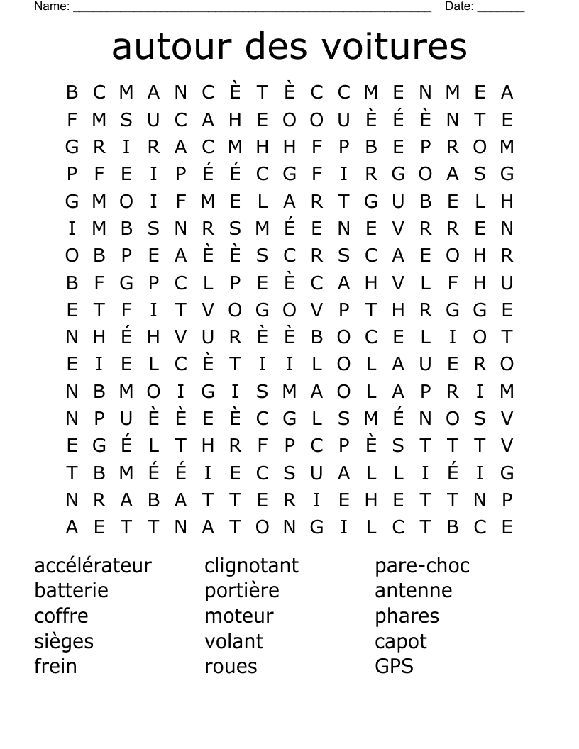 autour des voitures Word Search