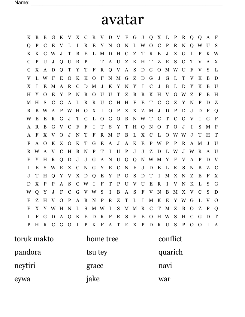 avatar Word Search