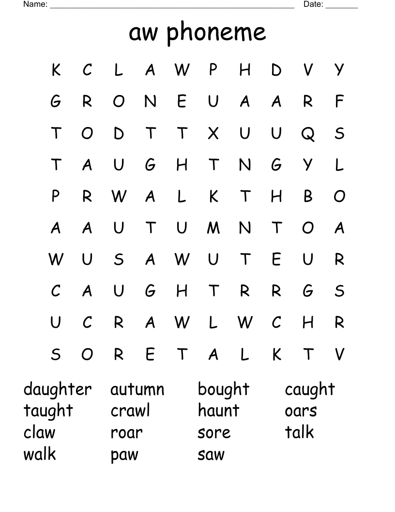aw phoneme Word Search