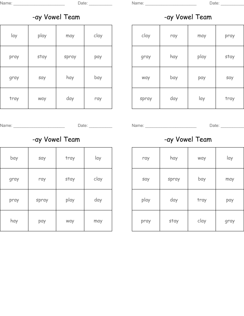 -ay Vowel Team Bingo Cards