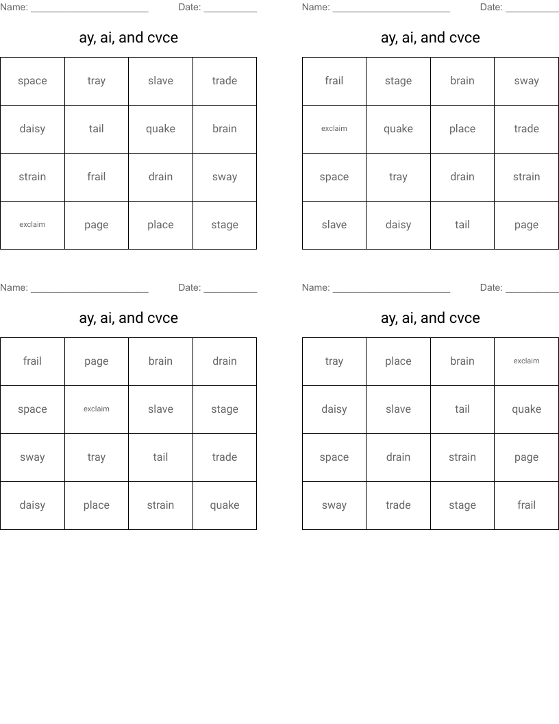 ay, ai, and cvce Bingo Cards