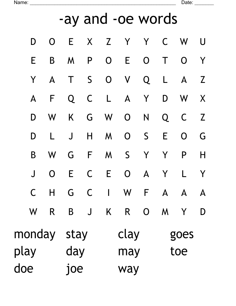 -ay and -oe words Word Search
